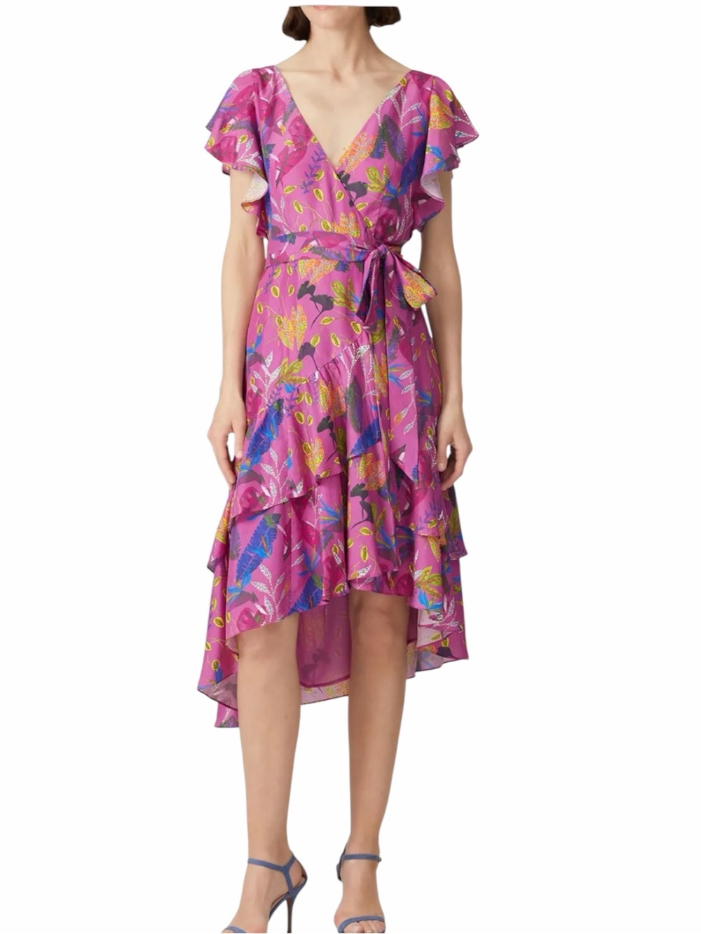 Tanya Taylor Dita 100% Silk Floral Wrap Midi Dress Purple